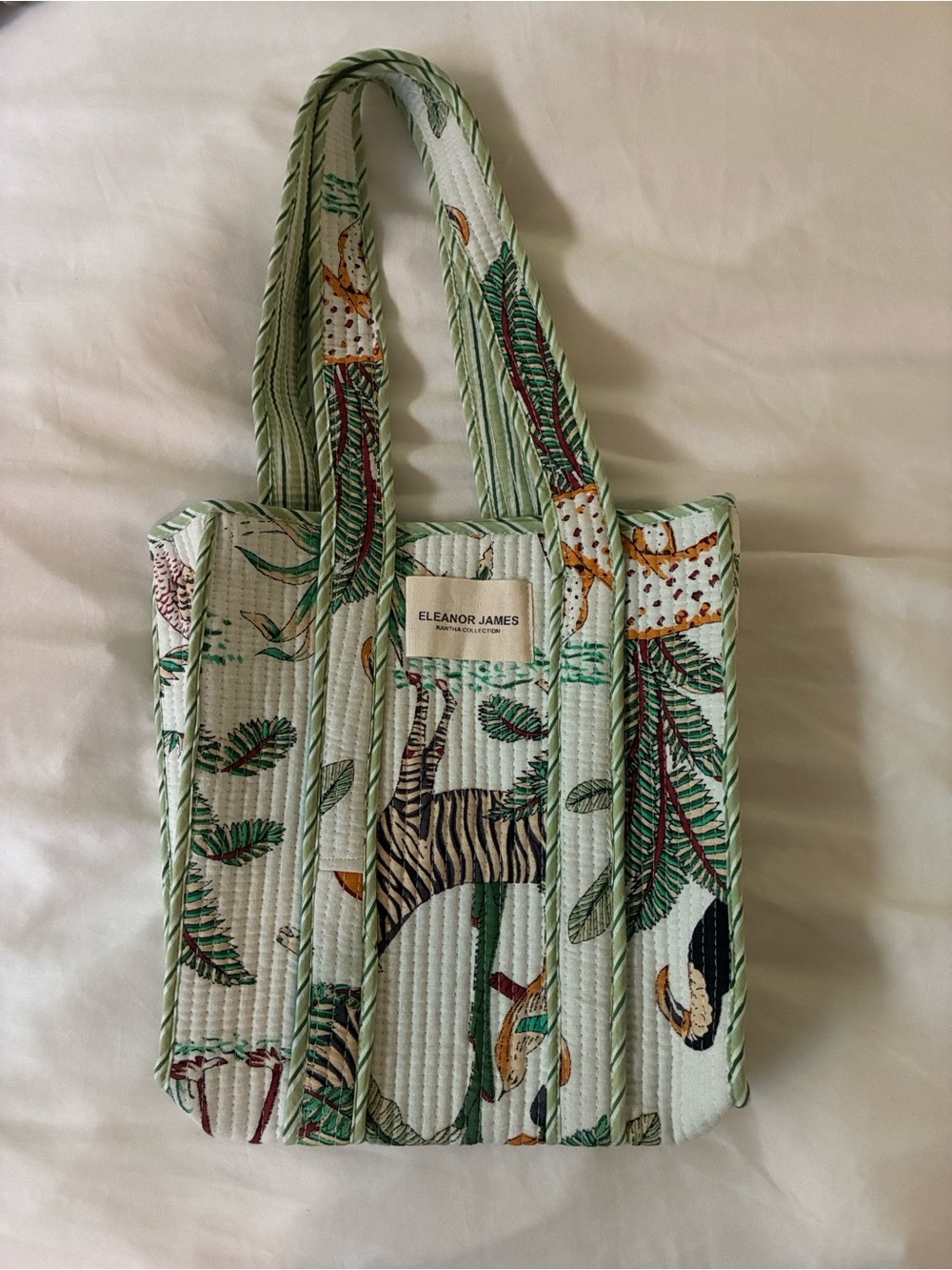 Eleanor James White and Green Mini Bag – Kantha-Inspired Zebra Print